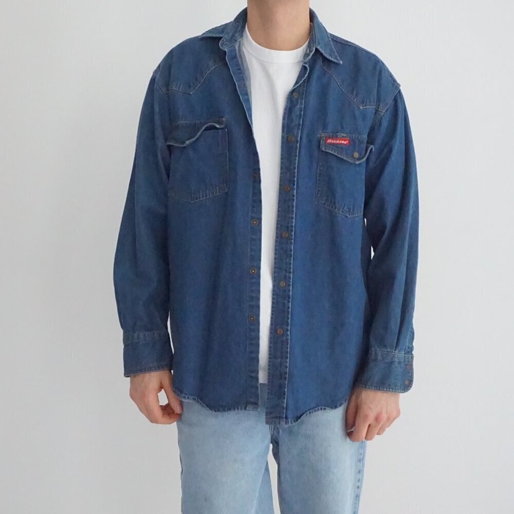 Vintage Dickies Denim Western Snap Button Utility Heritage Ranchwear Pro Shirt M